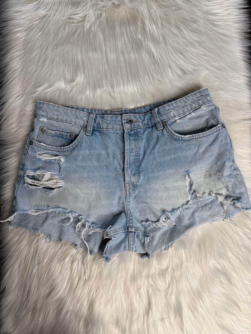 Zara Light Wash High Waisted Distressed Ripped Denim Cut Offs